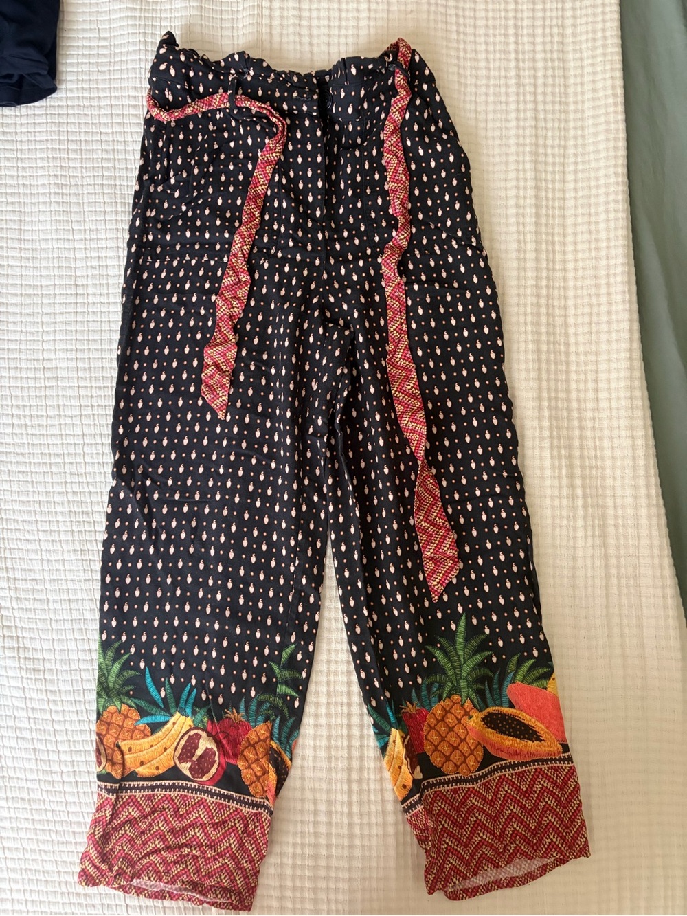 FARM Rio Black Tropical Fruit Print Wide-Leg Pants with Red Trim